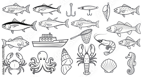 Seafood Collection: Fish, Shellfish, Boat, Fishing Gear - Hand Drawn Icons