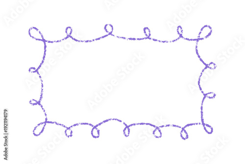 Crayon doodle scalloped frame. Chalk wavy hand drawn border. Purple cute rectangle photo frame with crayon texture. Wavy sketch line mirror border. Vector illustration isolated on white background.