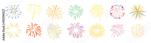 Collection of colorful minimalist fireworks vector illustrations perfect for festive celebrations holidays and event design elements isolated on white background