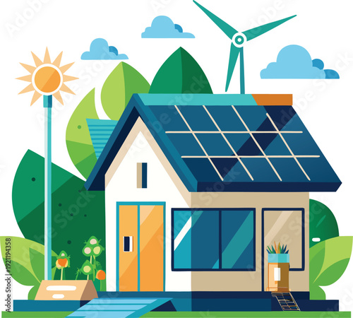 Eco-friendly house with solar panels and wind turbine