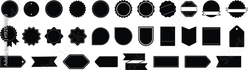 Collection of blank black labels badges and banners in a minimalist flat design style ideal vector graphic elements for web design product branding or promotional offers vector illustration