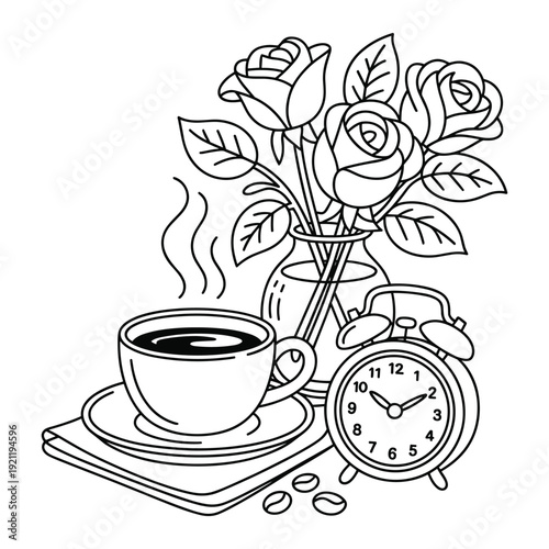 A steaming cup of coffee rests near a vase of roses and an alarm clock indicating morning wakeup time