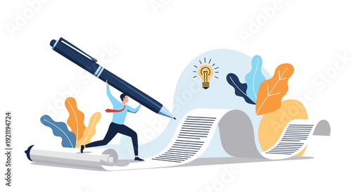 Energetic man runs along a long white scroll while carrying a giant blue fountain pen to write down his creative ideas under a glowing light bulb.