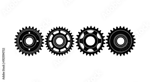 four industrial gears aligned horizontally showcasing intricate mechanical details on a clean white background symbolizing engineering precision and business concepts.