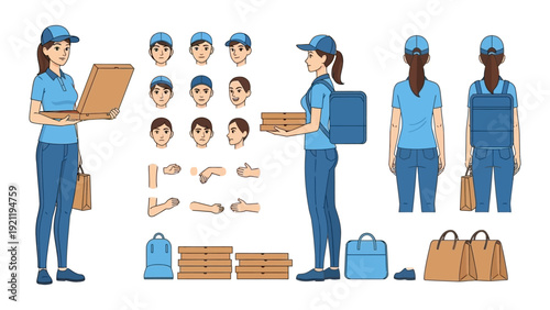 friendly female pizza delivery driver cartoon character delivering pizza boxes in uniform a perfect asset for food delivery service apps.