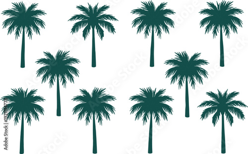 Collection of tropical palm tree silhouettes in dark teal color, coconut palm icons, exotic beach trees vector set for design and illustration projects