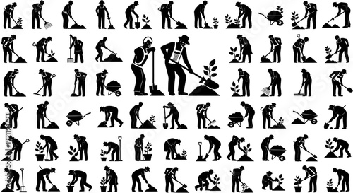 gardening and farming silhouettes of people planting digging and raking illustrating sustainable agriculture outdoor work and growth.