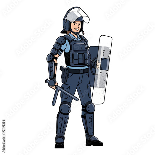 Female Riot Police Officer with Shield and Baton