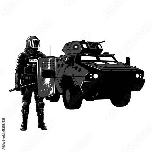 Riot police officer with armored vehicle, tactical gear, protest control