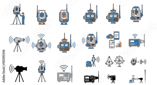 Robotic and Wireless Surveying Technology Flat Icons, A set of flat design icons illustrating modern surveying technology, including robotic total stations, wireless communication, a surveyor, GNSS