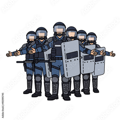 Riot Police Officers with Shields and Helmets, Front View