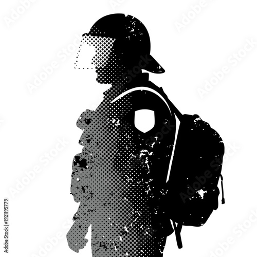 Riot police silhouette with backpack and distressed texture