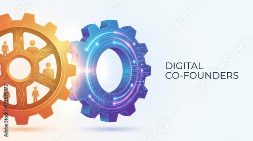 digital co-founders Concept. Two interlocking gears symbolize digital collaboration and co-founders.