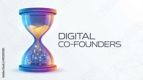 digital co-founders Concept. Hourglass with digital circuits and the text 