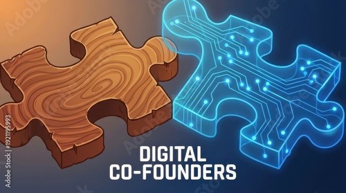digital co-founders Concept. Wooden and digital puzzle pieces symbolizing digital co-founders connection.