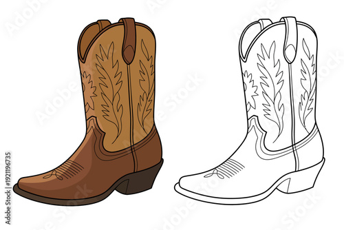 Cowboy boots colored brown and outline for coloring white background western footwear