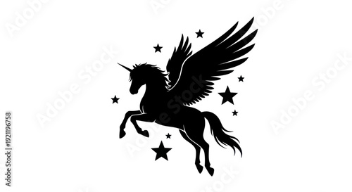Black Silhouette of a Winged Unicorn with Stars