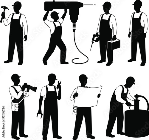 Professional construction workers silhouette set with tools, drill machine, hammer, blueprint and toolbox, industrial labor team vector illustration isolated on white background