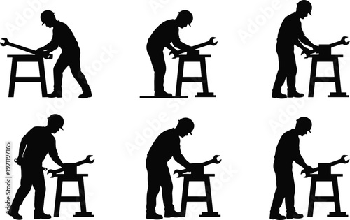 Silhouette worker with wrench at workbench, construction labor safety hard hat posture variations, industrial mechanic tool usage, occupational ergonomics vector illustration