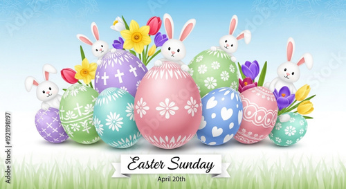 Easter sunday celebration with decorated eggs and bunnies in grass with flowers