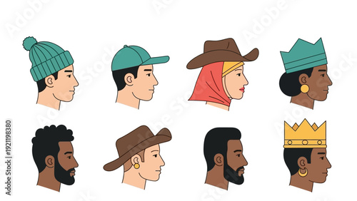 headwear collection diverse characters in profile wearing beanies baseball caps cowboy hats hijabs and regal crowns.