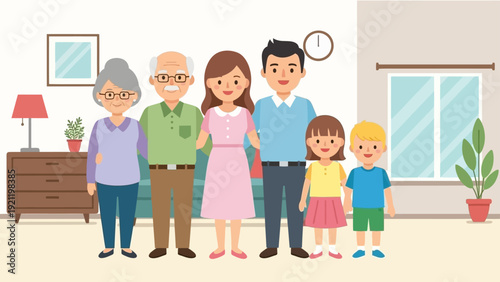 happy multi-generational family grandparents parents children smiling in a cozy living room symbolizing unity love and family bonds.