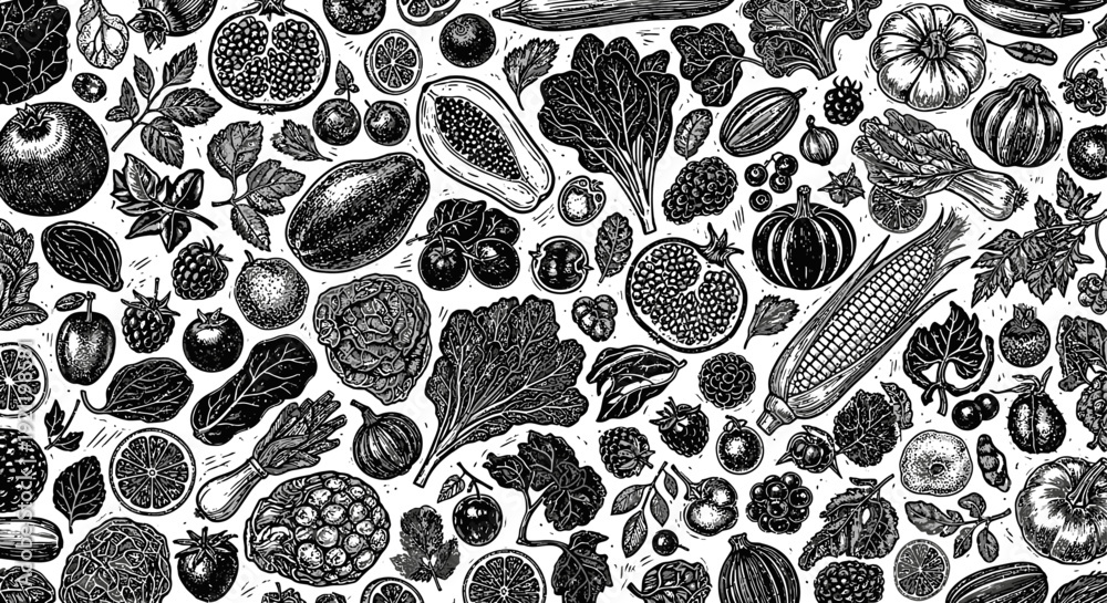 Fototapeta premium hand-drawn seamless pattern of organic produce in rustic woodcut style representing healthy food and farm fresh agriculture background.