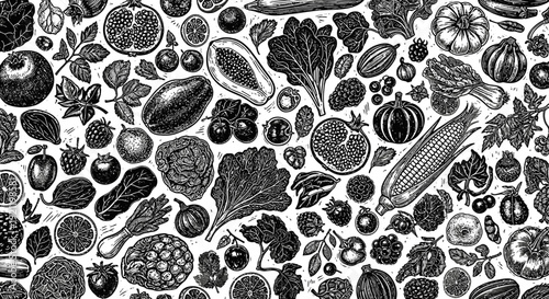 hand-drawn seamless pattern of organic produce in rustic woodcut style representing healthy food and farm fresh agriculture background.