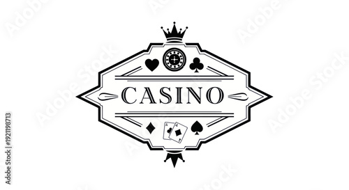 Casino Emblem with Crown, Playing Cards, and Symbols - Black and White