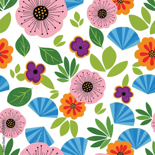 Vibrant abstract floral pattern with fan shapes flowers