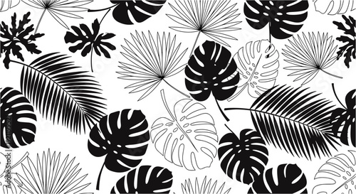 A captivating monochrome seamless pattern showcases an array of tropical leaves, blending solid black and outlined designs for a striking visual.