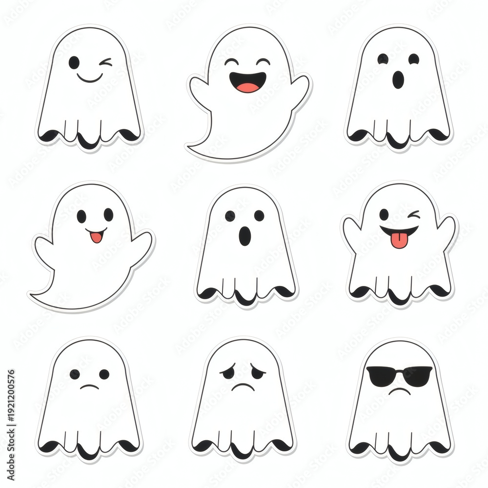 Obraz premium Ethereal Emoticons A Vibrant Assortment of Nine Cute Cartoon Ghosts Expressing a Full Spectrum of Playful to Pensive Feelings, Perfect for Creative Projects
