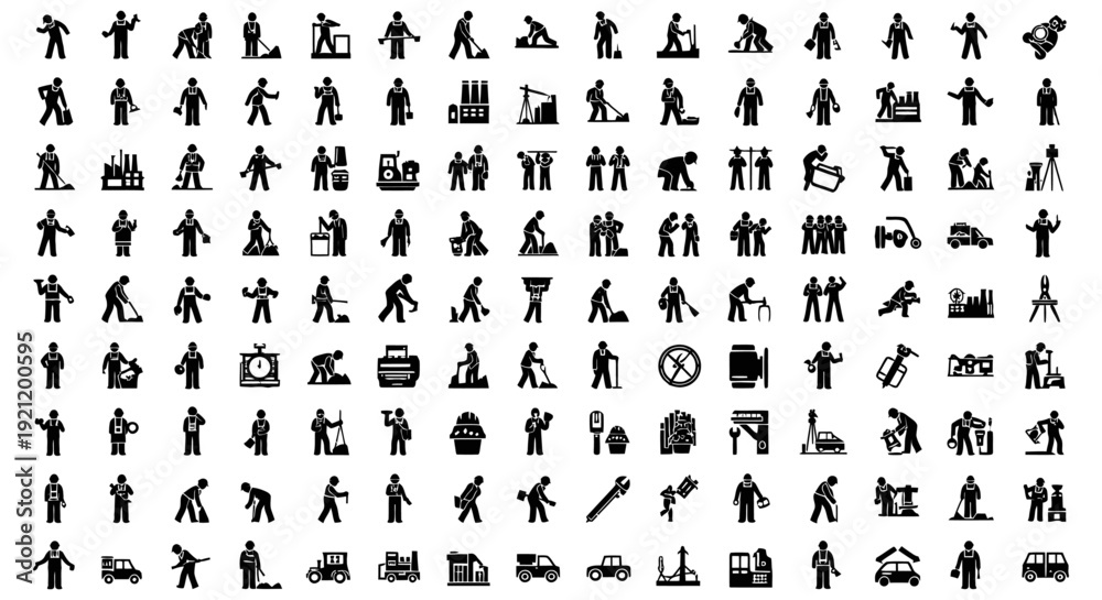 Naklejka premium industrial and construction worker vector icons manual labor manufacturing diverse job roles ideal for business and employment graphics.