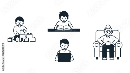 illustrations of life stages a child playing student reading adult working and elderly person relaxing depicting human development.