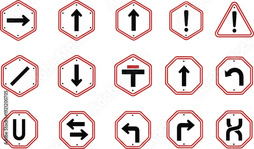 Red octagonal road traffic sign icon set with arrows warnings and direction symbols isolated on white background for navigation safety and signage design