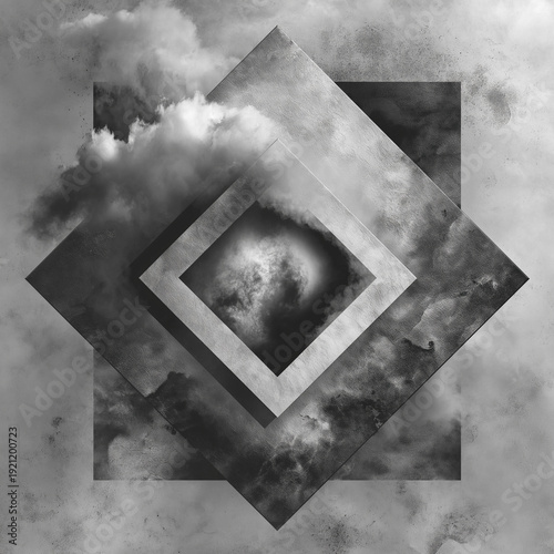 Abstract Geometric Squares, Grayscale Smoke, Minimal Illustration