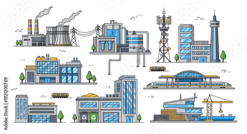 A comprehensive collection of various industrial, commercial, and urban infrastructure buildings, including factories, power plants, a train station, port, and office towers.