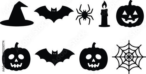 Black Halloween Silhouettes Collection with Spooky Pumpkins Bats Spider Web Witch Hat and Candle Icons Isolated on White Background for Holiday Graphic Design Projects