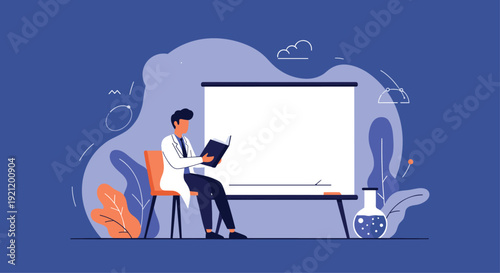 Scientist or doctor in a white lab coat sitting and reading a book in front of a blank whiteboard for presentation or study.