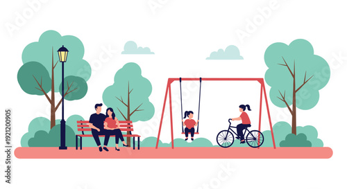 Happy family spending quality time together in a park, with parents on a bench watching their children play on a swing set.