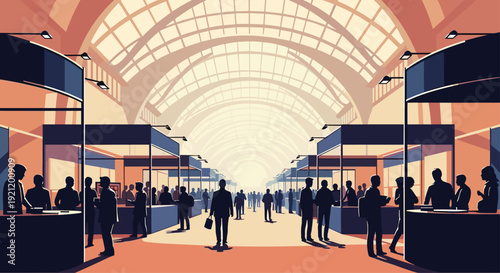 Silhouetted crowd of people walking through a large, brightly lit exhibition hall during a trade show or public convention.