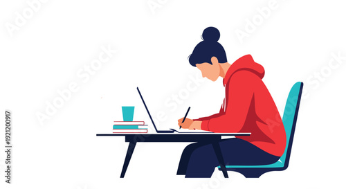 Young woman with her hair in a bun wearing a red hoodie, studying or working at a desk with a laptop and books.