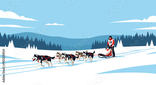 Man participating in a dogsled race with a team of six husky dogs pulling a sled across a snowy landscape with mountains.