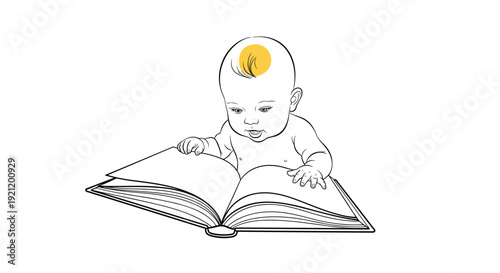 Simple line drawing of a cute baby with a spot of color on its hair, intently focused on reading a large open book.