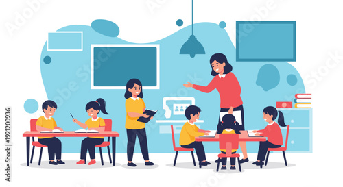 Elementary school classroom scene with teachers helping young students learn at their desks in a friendly, organized environment.