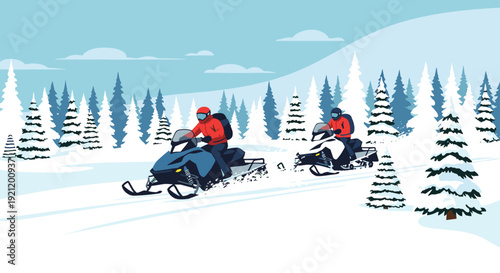 Two people riding snowmobiles through a snowy winter forest landscape, enjoying an adventurous outdoor recreational activity.