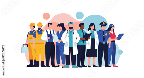 Diverse group of essential workers and professionals standing together, including doctors, nurses, police, and construction workers.