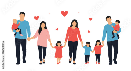 Illustration showing diverse and happy family groups walking together, including parents holding hands with their young children.