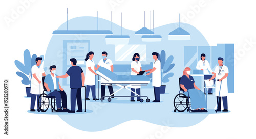 Busy hospital or clinic interior with doctors and nurses attending to patients in wheelchairs and on hospital beds.