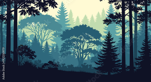 Misty forest landscape with silhouettes of dense pine and deciduous trees, creating a peaceful and mysterious atmosphere.